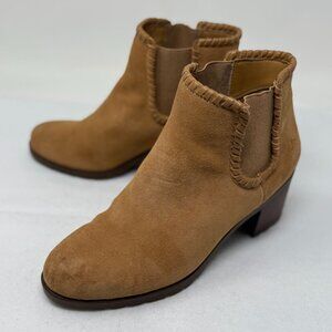 Jack Rogers Boots Womens Size 7.5 Poppy Tan Suede Ankle Booties Block Heel Trim